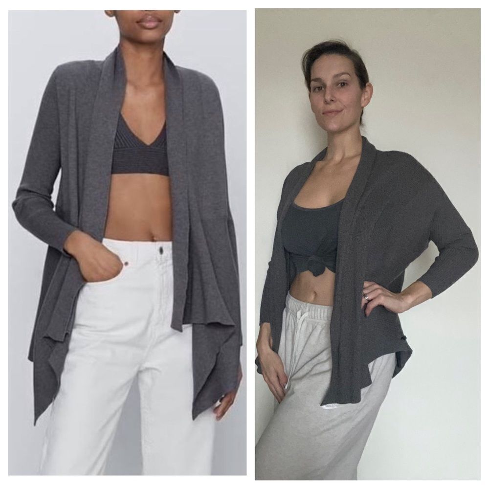 ZARA Ribbed Cardigan Sweater Gray Drop Shoulder Medium Slouchy
